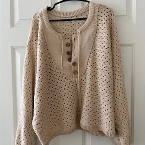 Free People Cream V-Neck Button Sweater